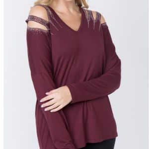 Burgundy Cold Shoulder Rhinestone Top